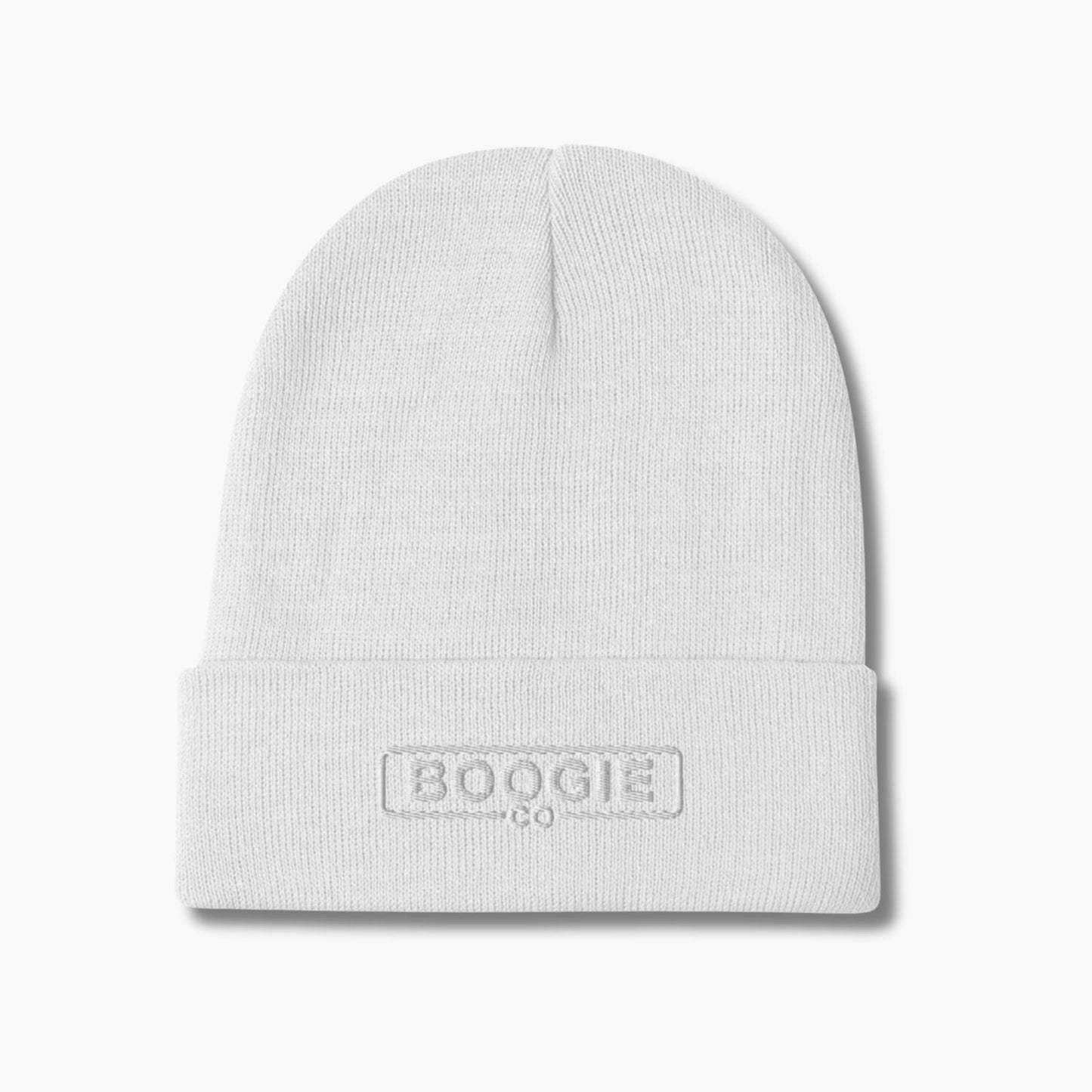 White beanie with 'Boogie' logo on a light gray background
