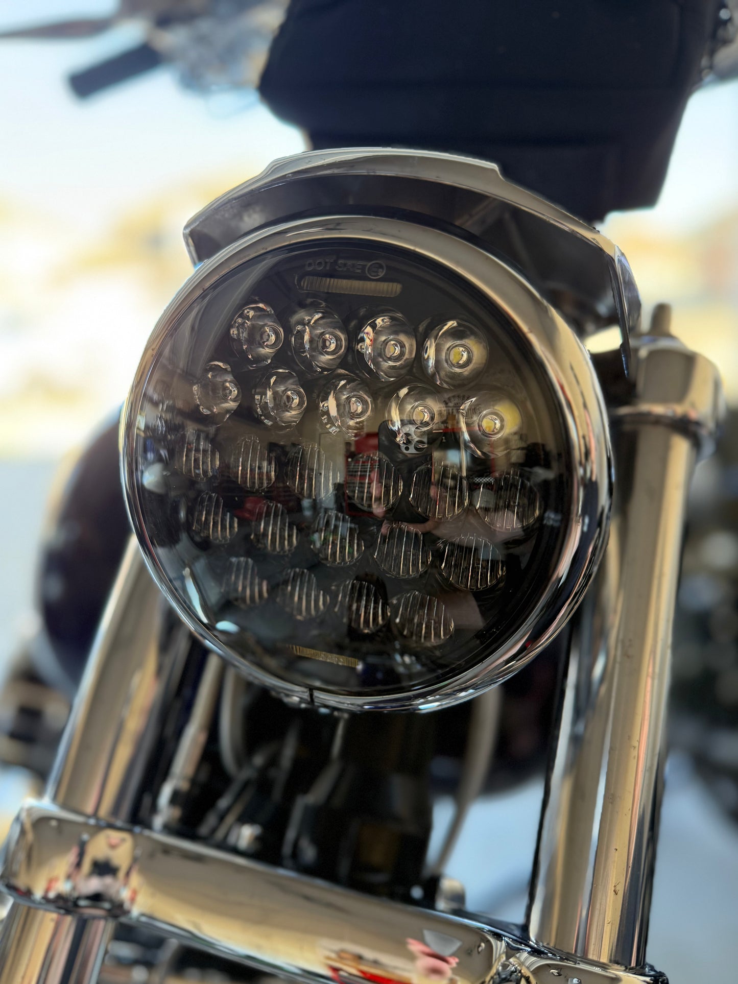 Boogie Co BMF LED Headlight 5.75” installed on Dyna