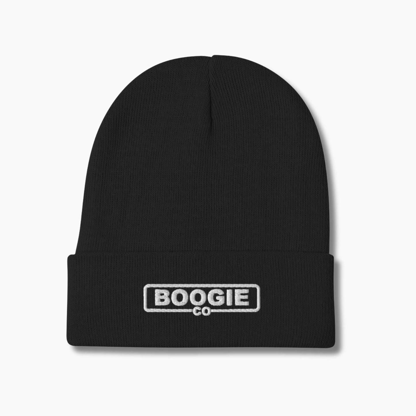 Black beanie with 'Boogie Co' logo on a white background