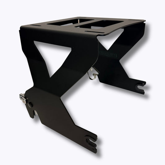 Solo Tour Pack Mount for 2-up seats that fits Lowrider S and ST by Boogie Co in Black with Chrome Hardware