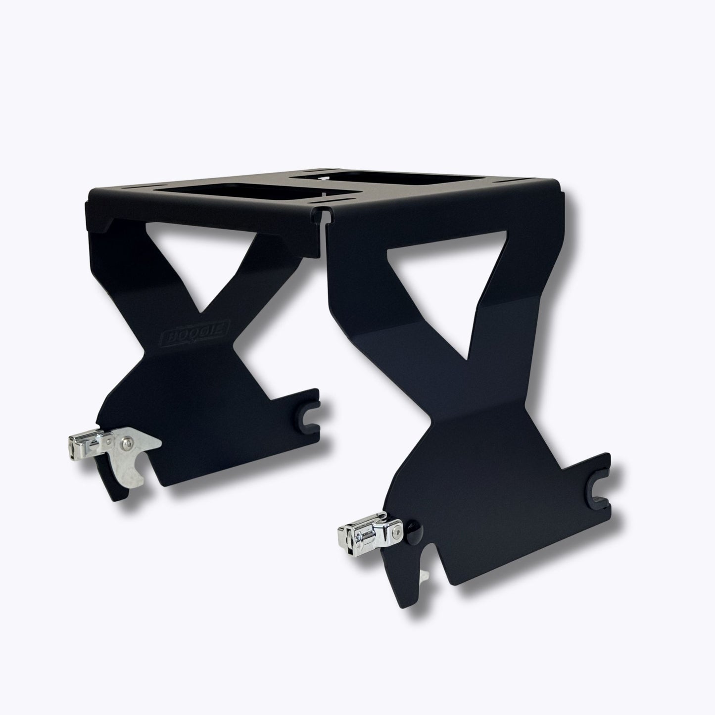 Solo Tour Pack Mount for 2-up seats that fits Lowrider S and ST by Boogie Co in Black with Chrome Hardware