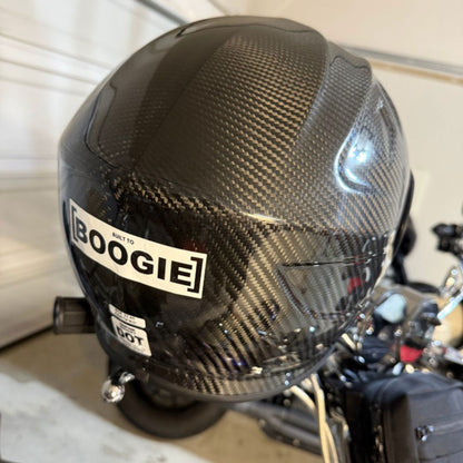 Carbon fiber Simpson Ghost Bandit motorcycle helmet with 'Boogie' sticker