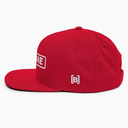Boogie Co Logo Snapback Hat in Red & White Side Profile Image